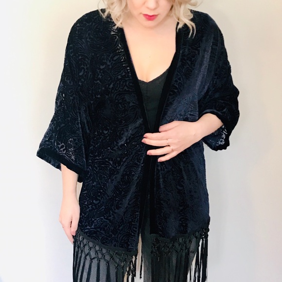 Zara Sweaters - Fringed Zara Purple Velvet Burnout Kimono